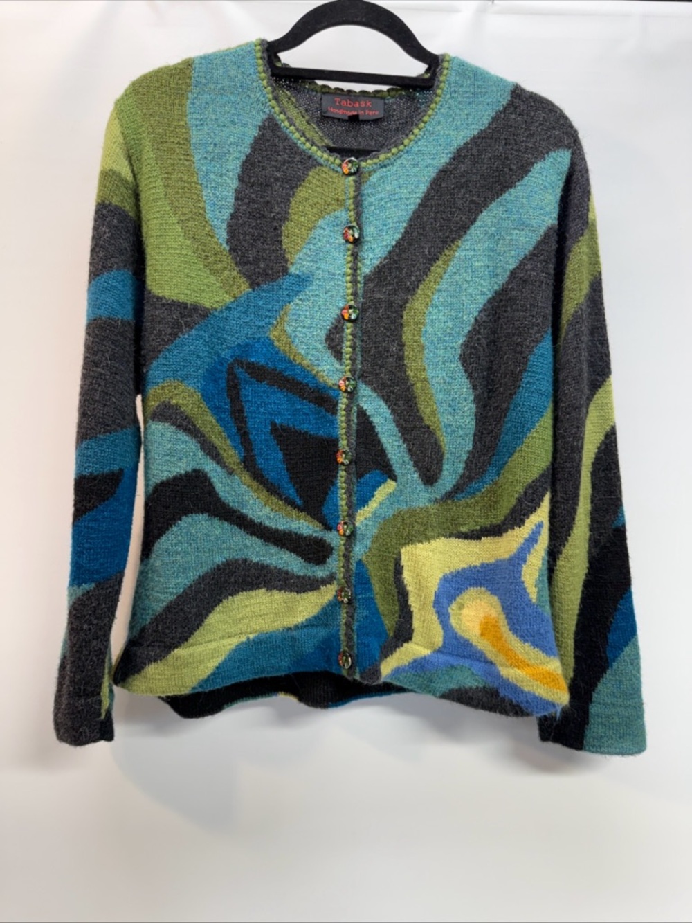 Tabask Sweater Abstract Art Wool Alpaca Mohair‎ Blend Handmade In Peru Cardigan